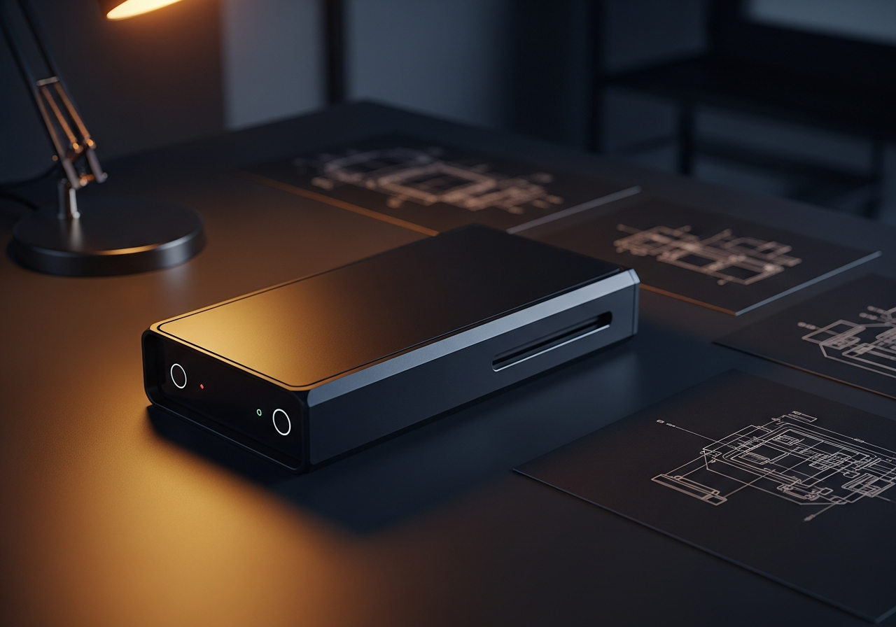 A hardware prototype on a design desk at night
