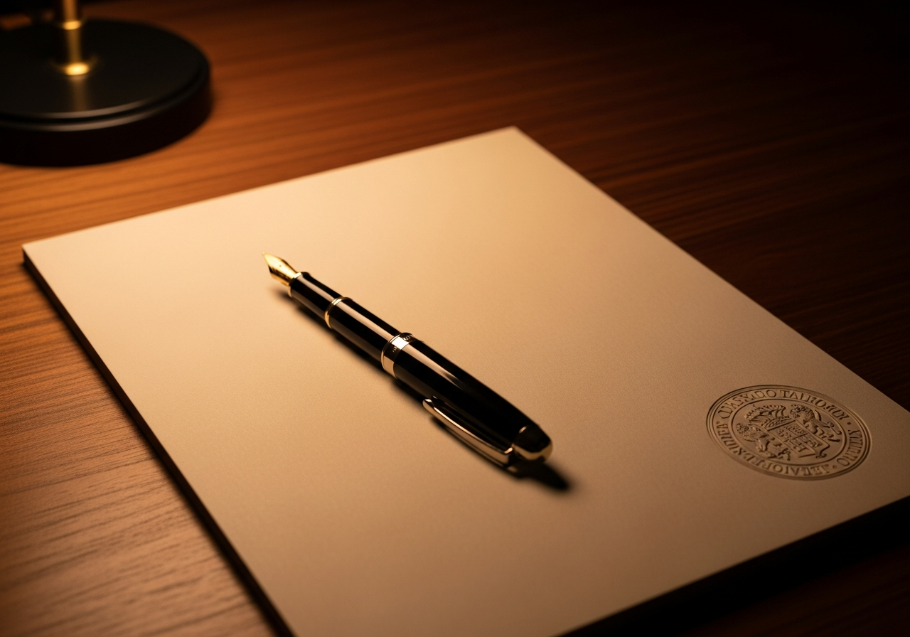 A sealed document and fountain pen under lamp light