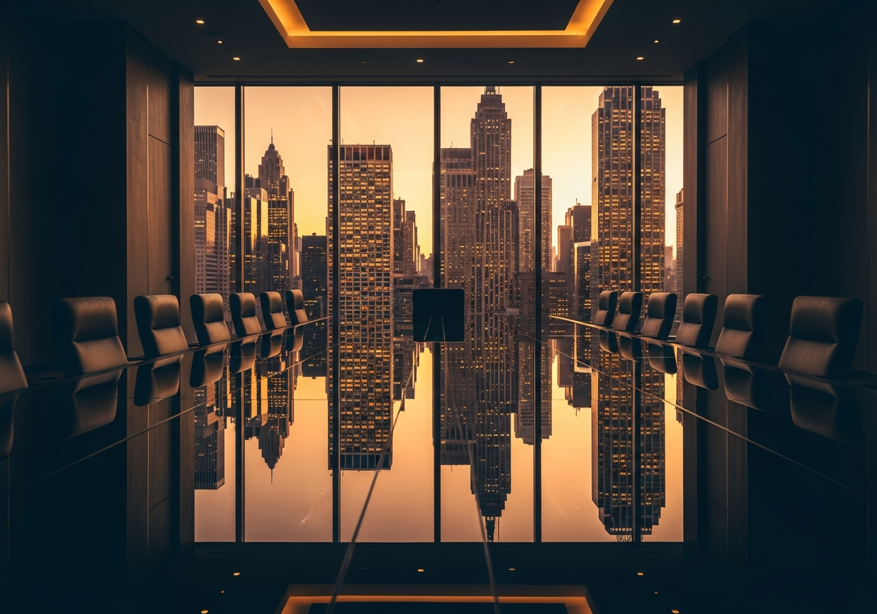 A boardroom table reflecting a skyline at golden dusk