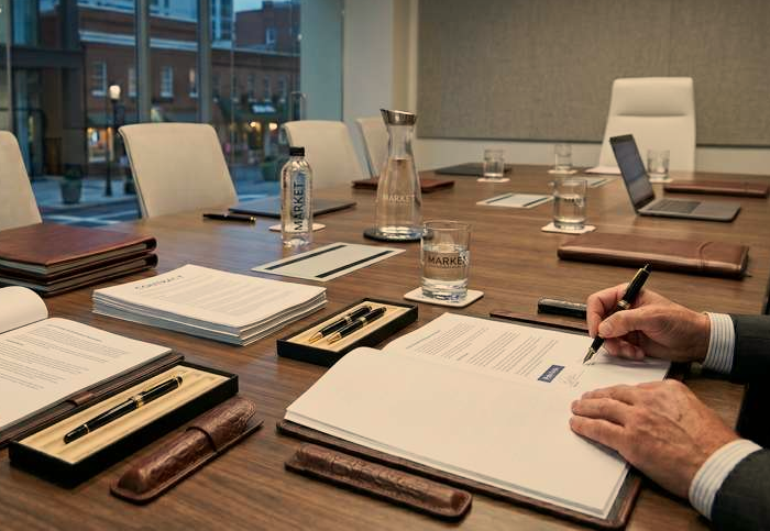 Two parties signing agreements across a boardroom table
