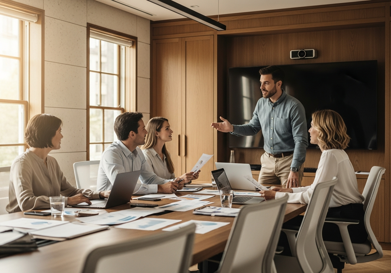 A go-to-market team meeting around a table as a colleague presents