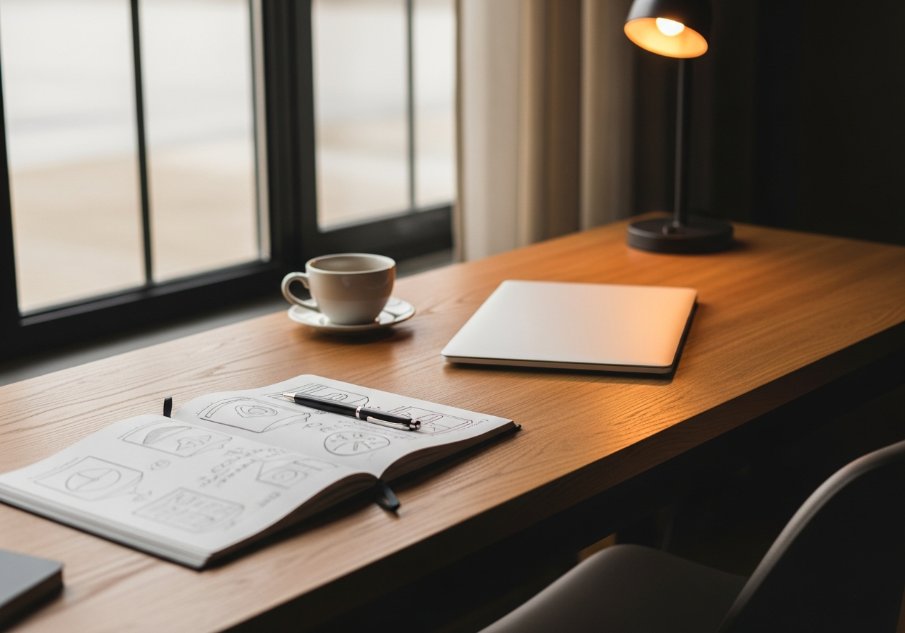 Product sketches and coffee on a desk in morning light